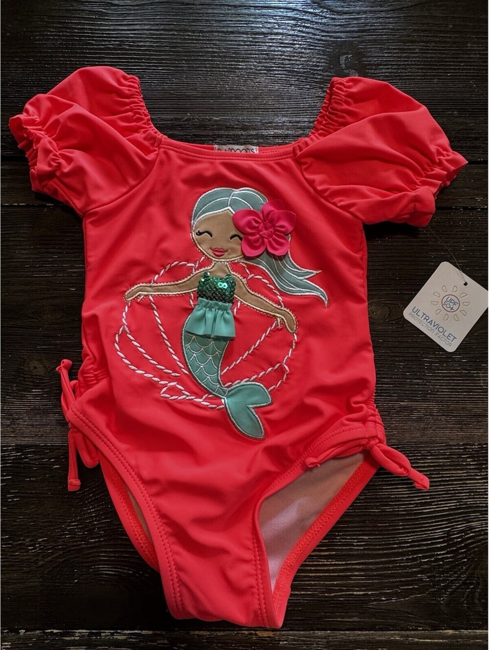 Flapdoodles Girls 2T Mermaid One Piece Swimsuit NWT UPF 50+ 3D Flower Sequin